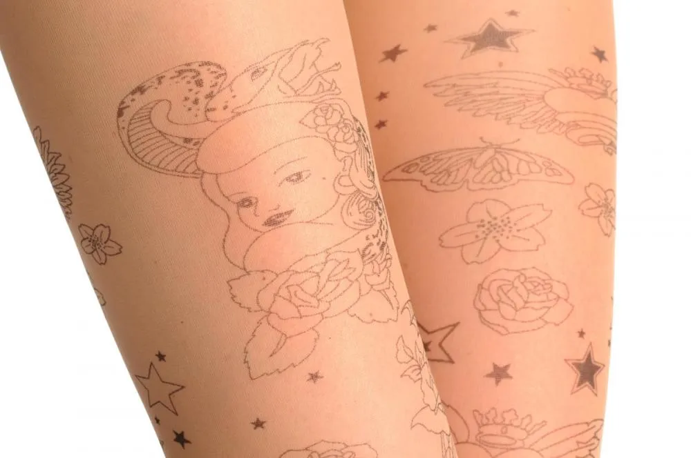 Black Printed Heart Roses & Starts Tattoo