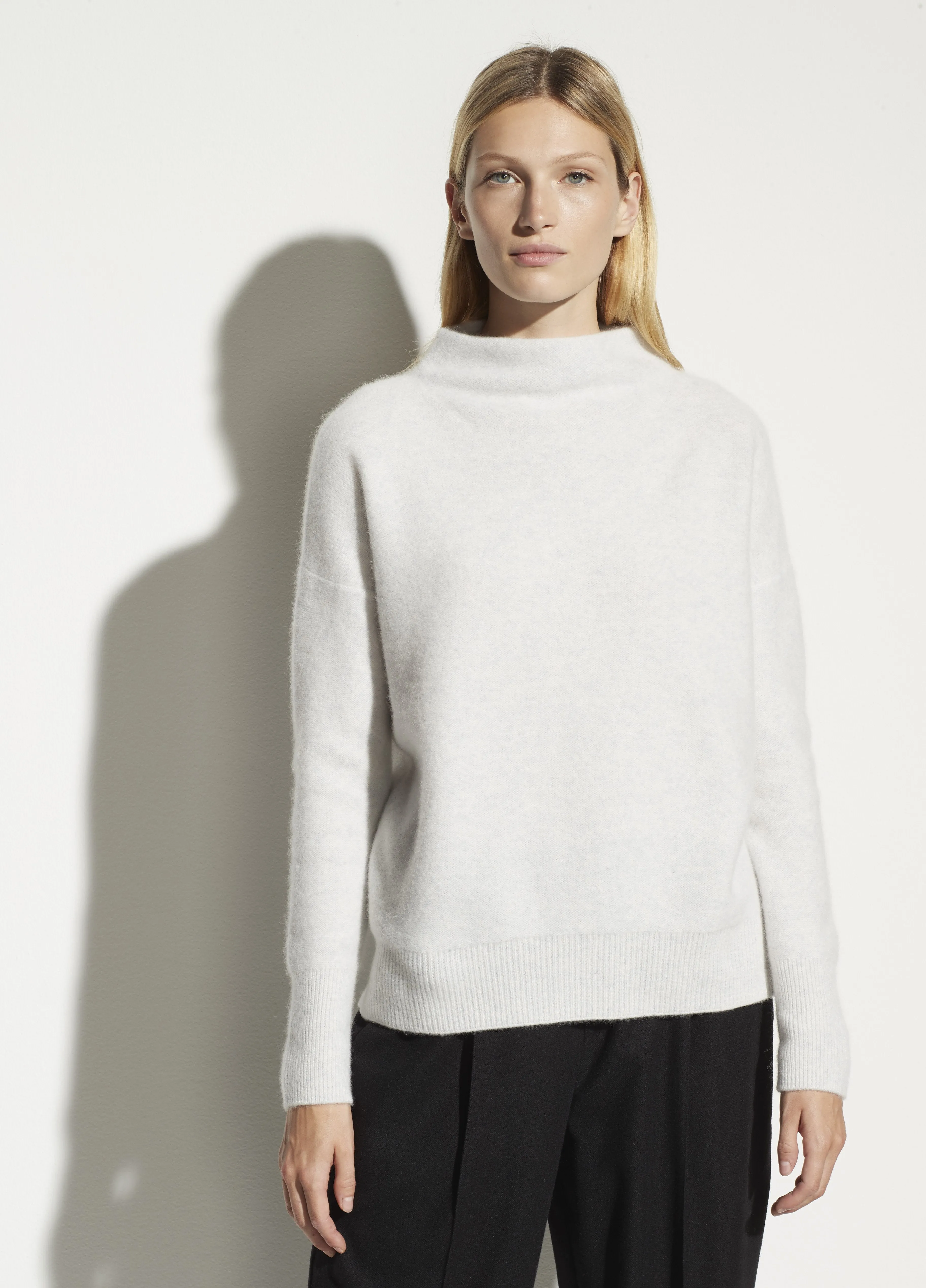 Boiled Cashmere Funnel Neck Pullover in Heather Platinum