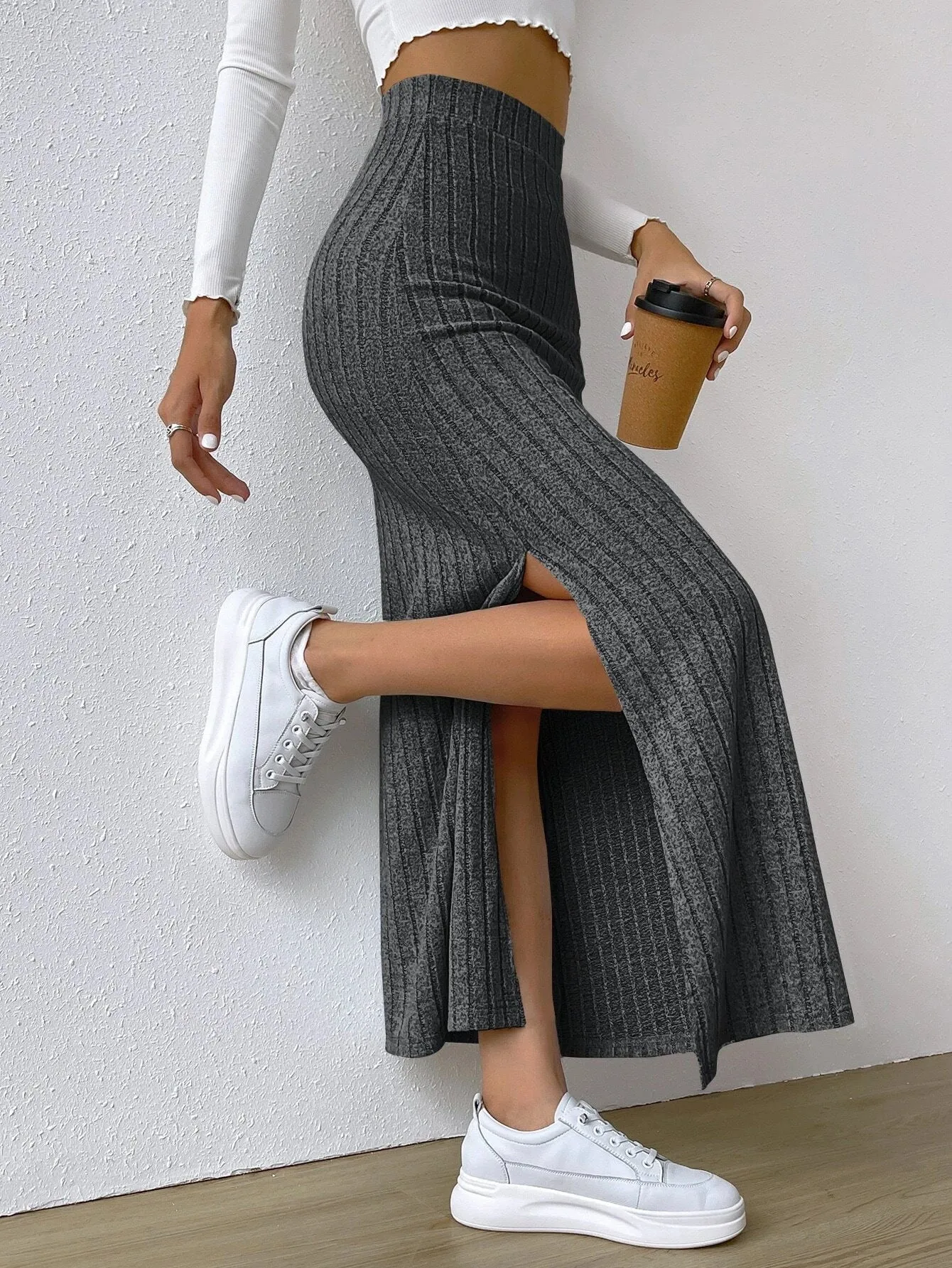 CozyKnit High-waisted slim-fitting side slit knitted long skirt