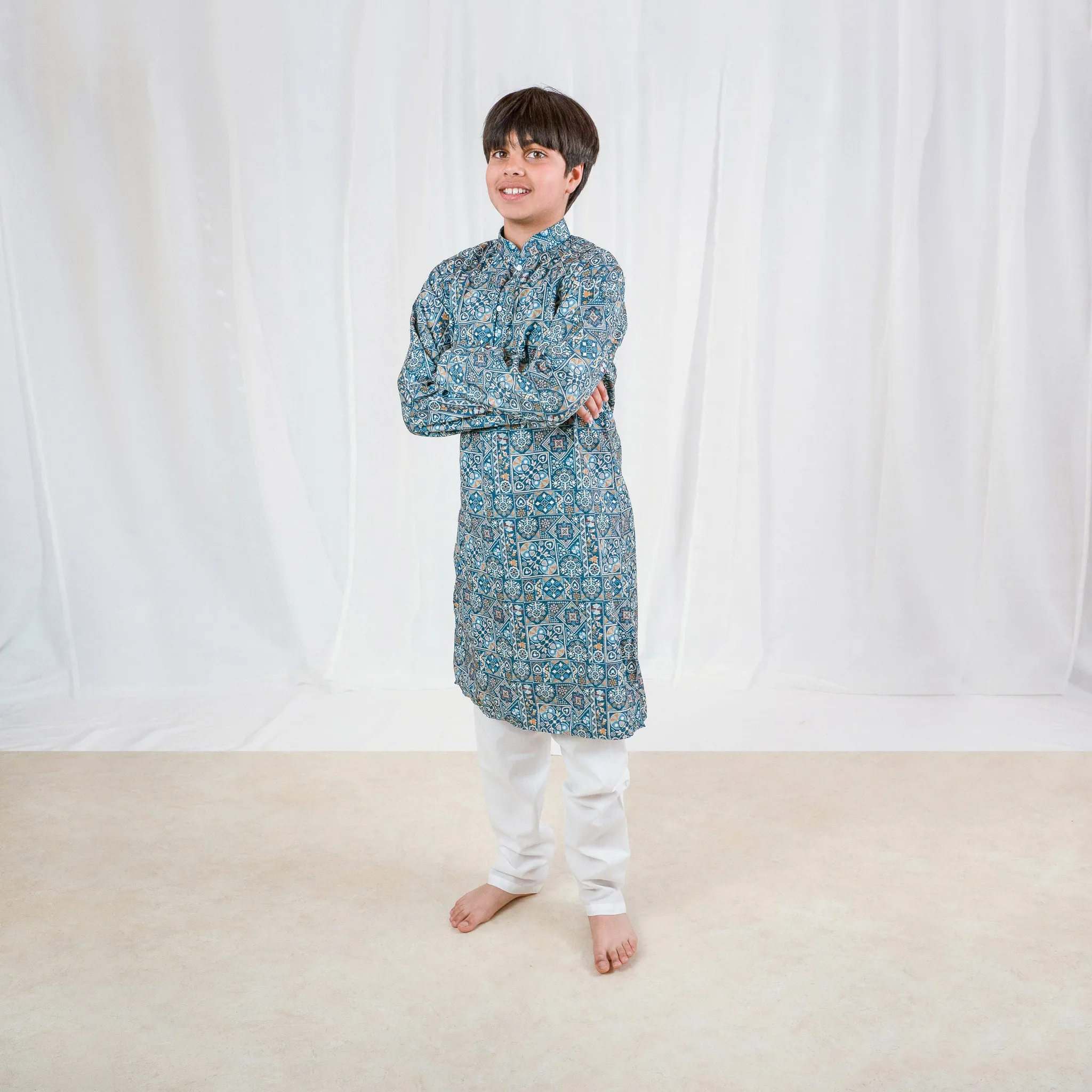 JEET - Teal Blue Print Cotton Kurta Pajama