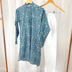 JEET - Teal Blue Print Cotton Kurta Pajama