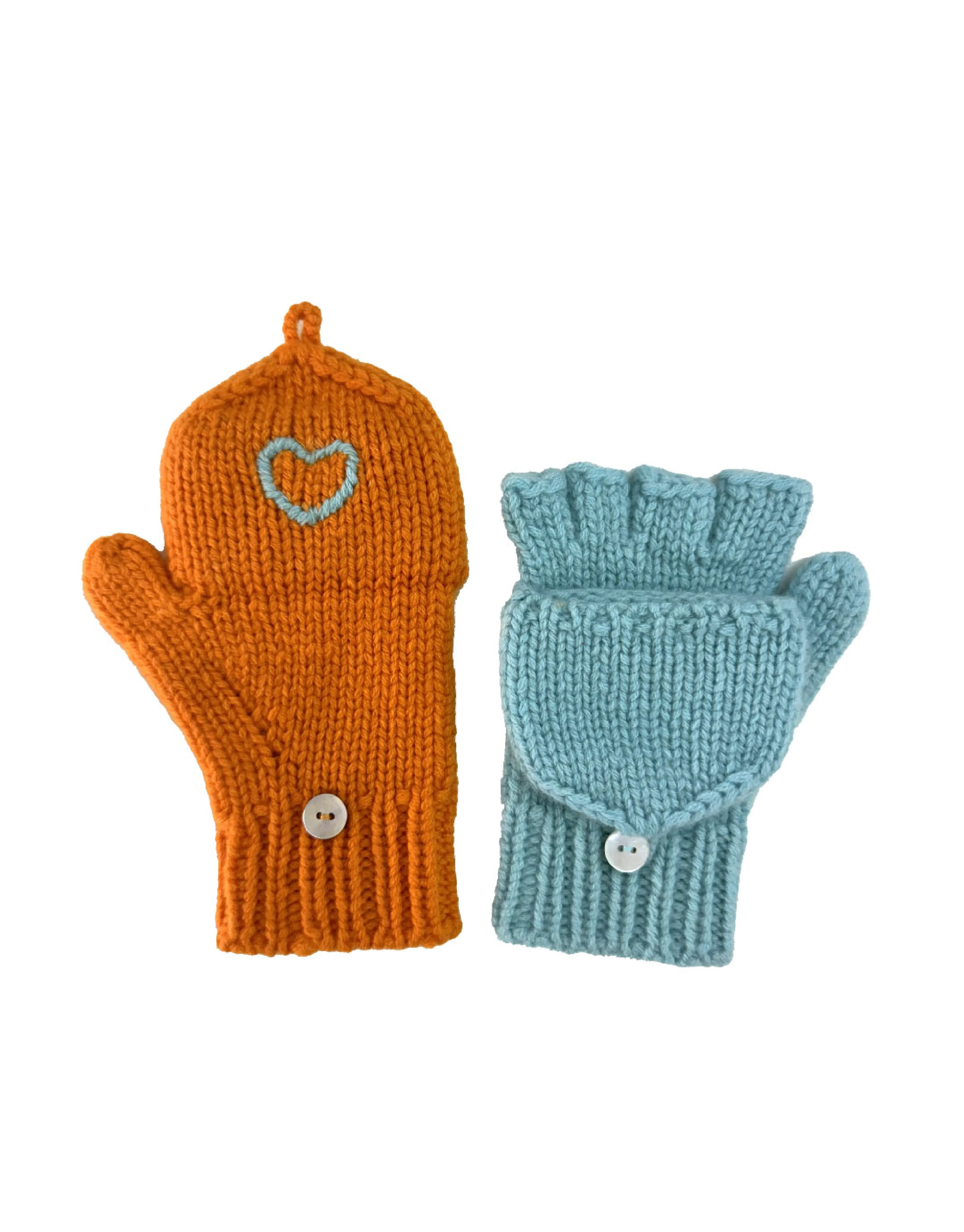 Kids Cashmere Hobo Gloves with hearts in Mandarin and Turkis
