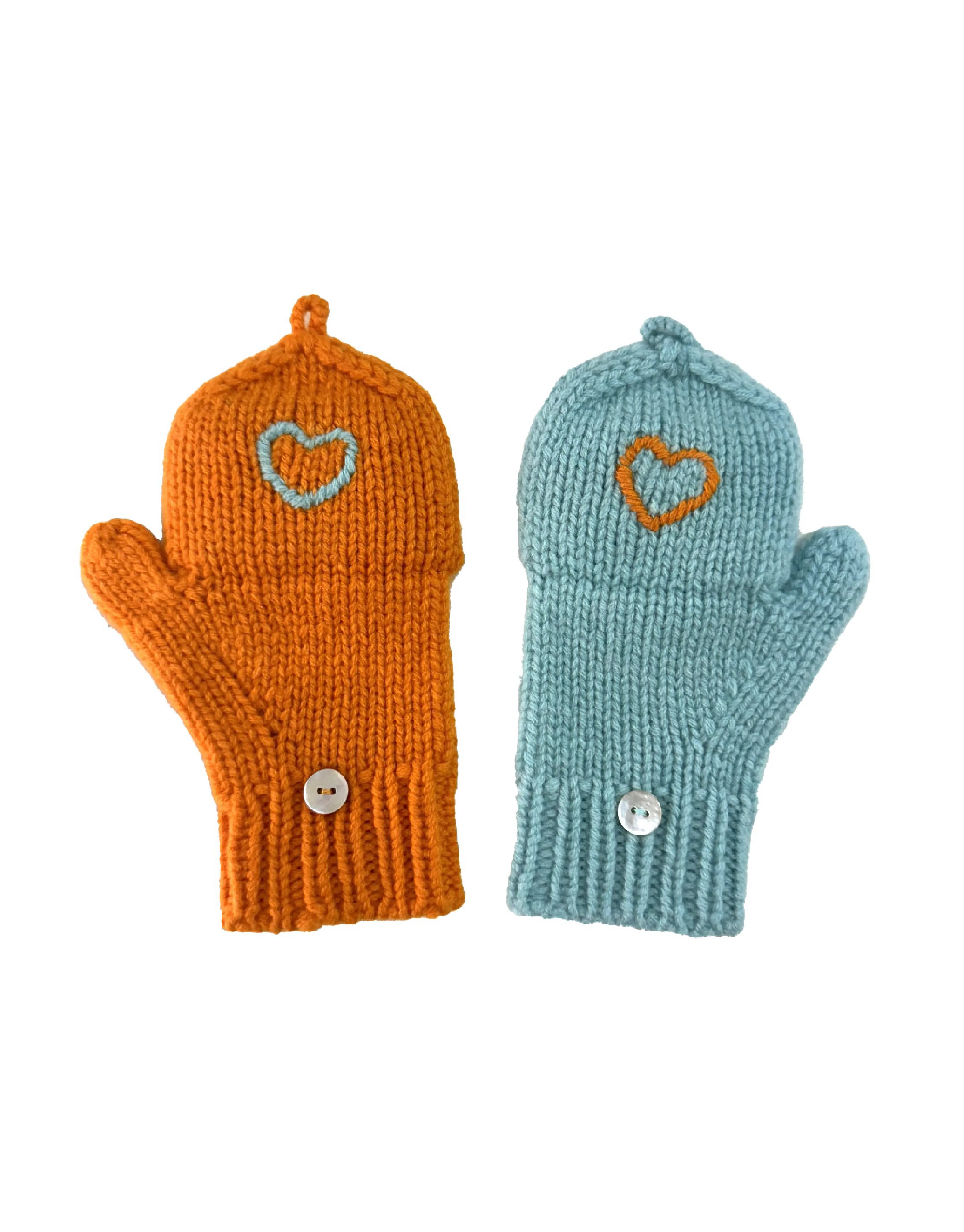 Kids Cashmere Hobo Gloves with hearts in Mandarin and Turkis