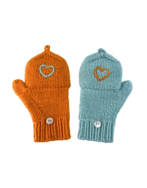 Kids Cashmere Hobo Gloves with hearts in Mandarin and Turkis