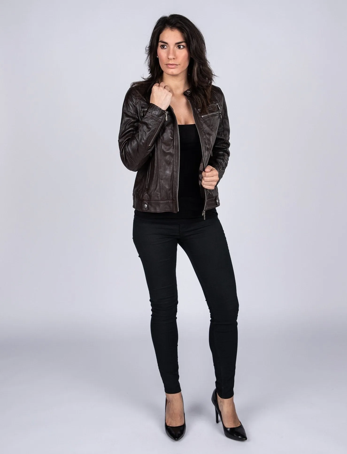 Ladies Elektra Washed Leather Jacket Spring Brown