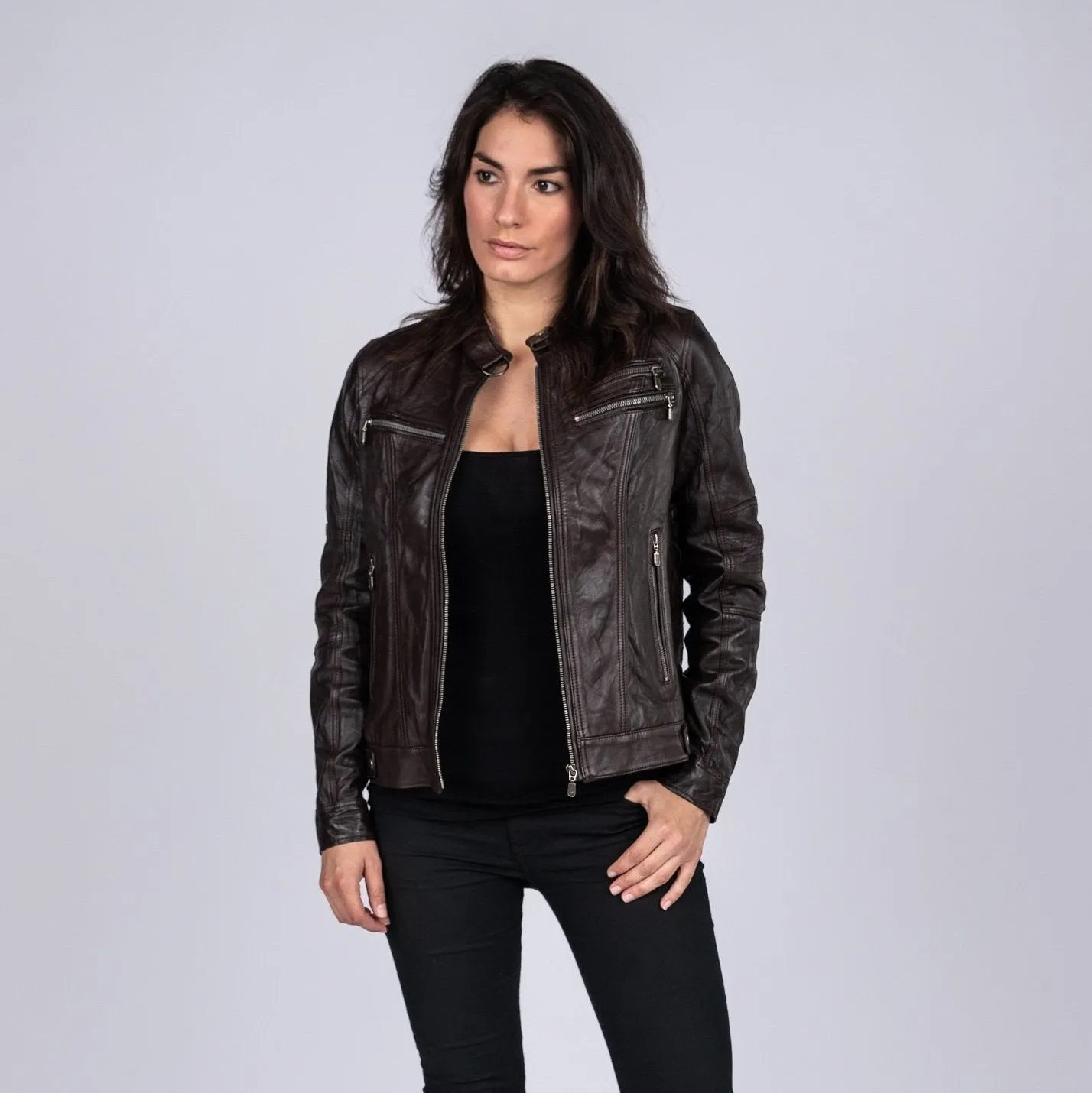 Ladies Elektra Washed Leather Jacket Spring Brown