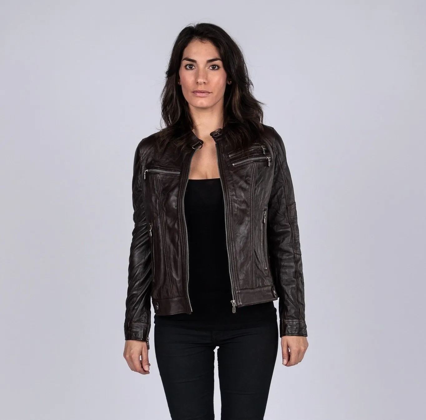Ladies Elektra Washed Leather Jacket Spring Brown