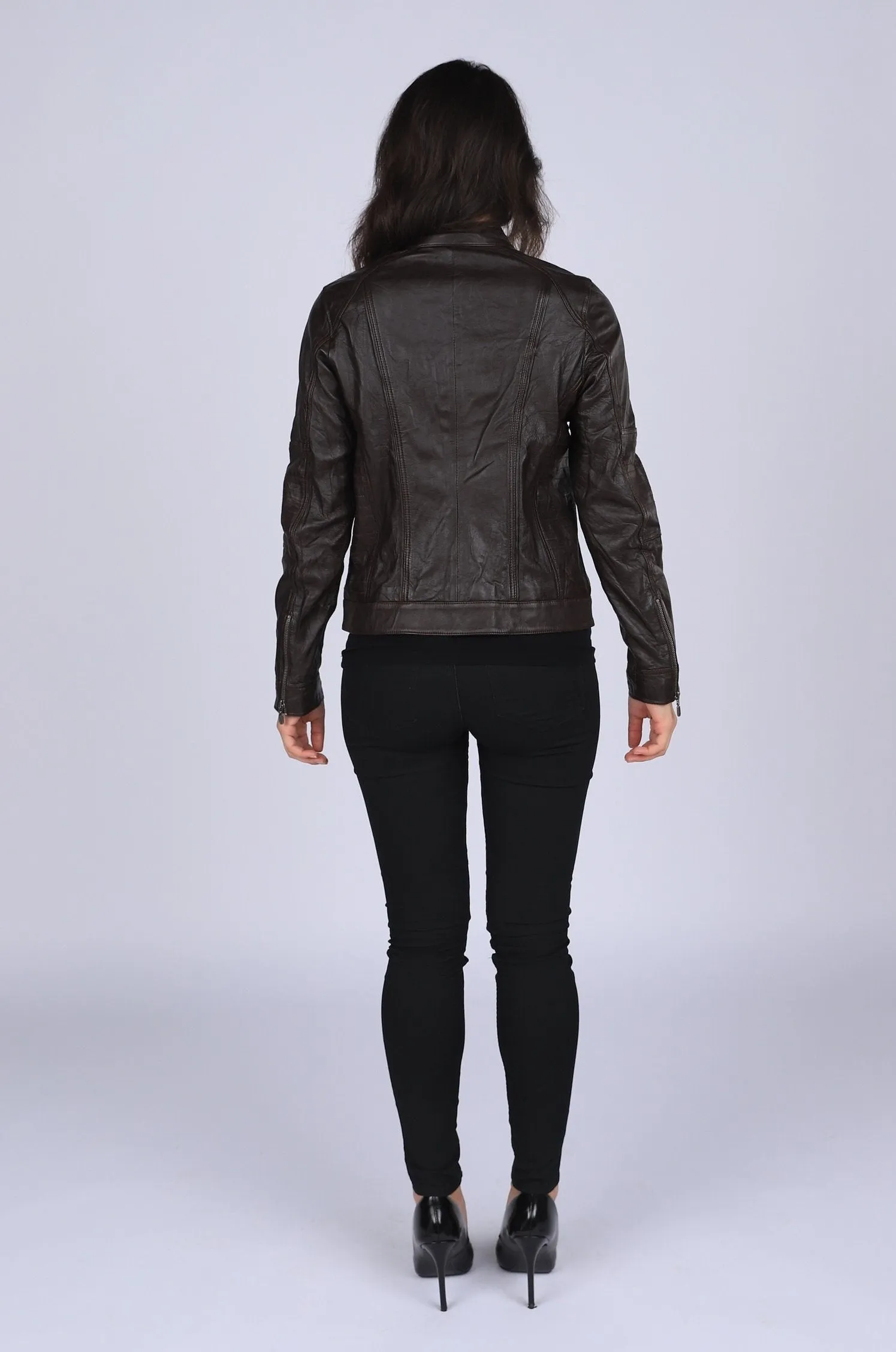 Ladies Elektra Washed Leather Jacket Spring Brown