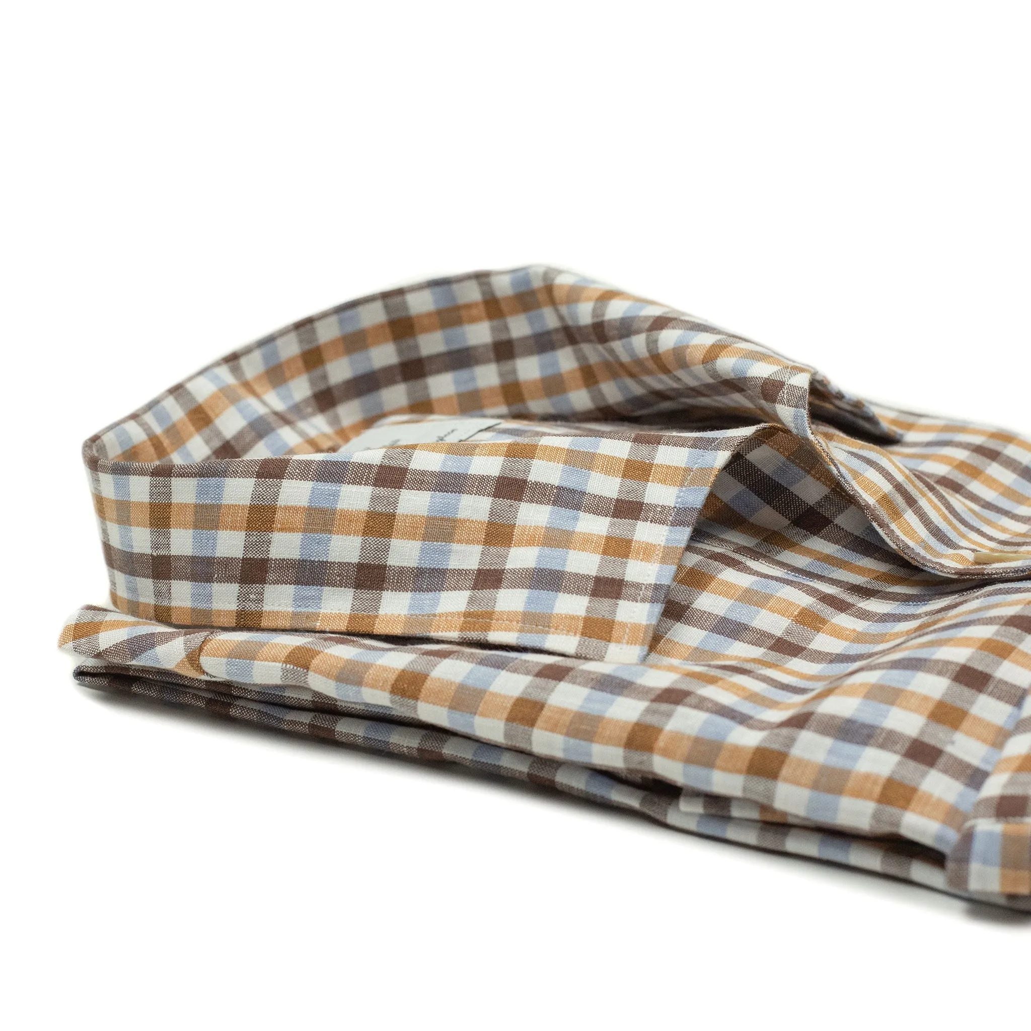 Long sleeve popover shirt in browns and blues checked linen, one-piece Miami collar