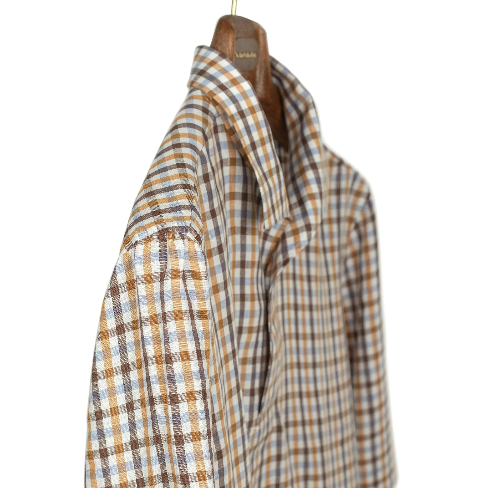 Long sleeve popover shirt in browns and blues checked linen, one-piece Miami collar