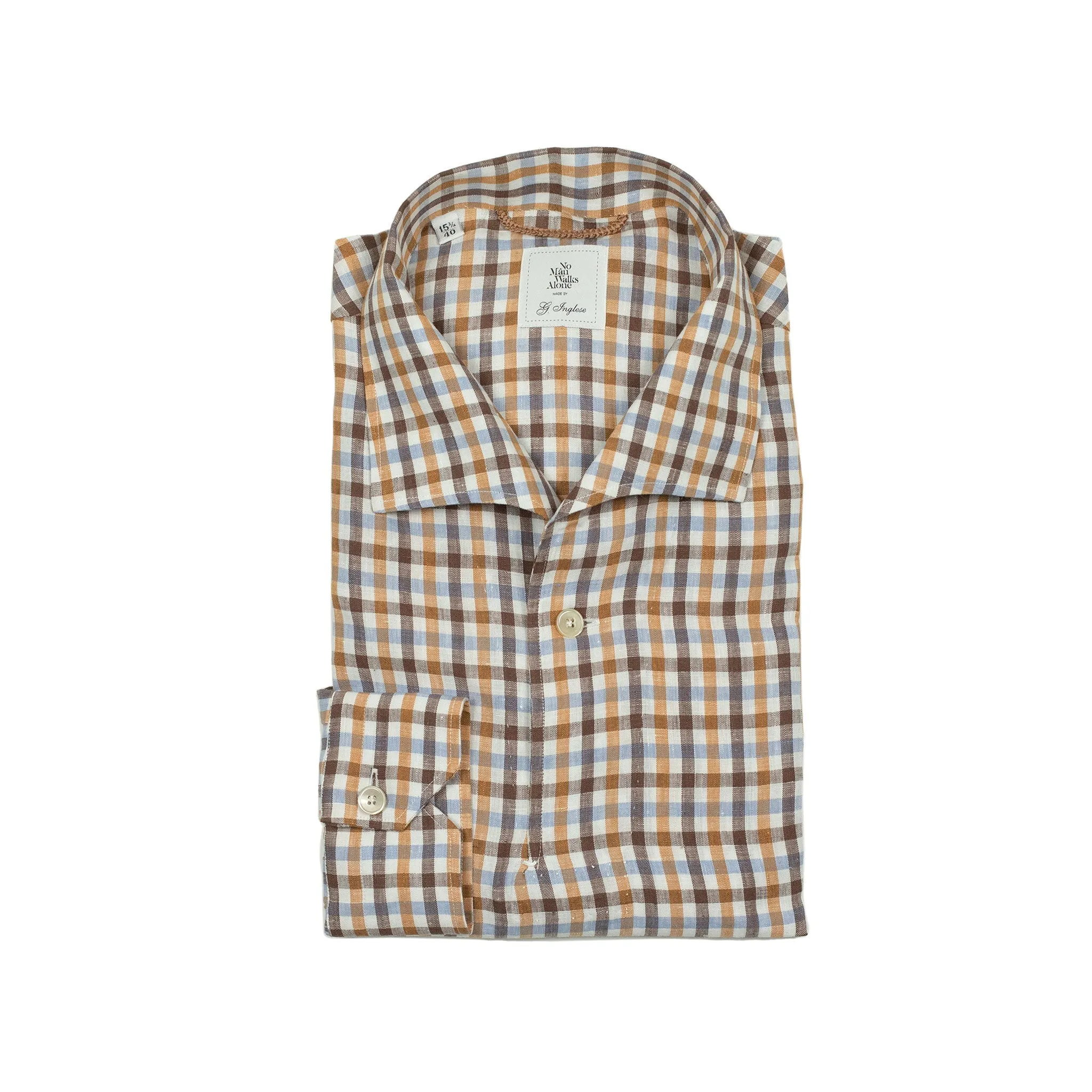 Long sleeve popover shirt in browns and blues checked linen, one-piece Miami collar
