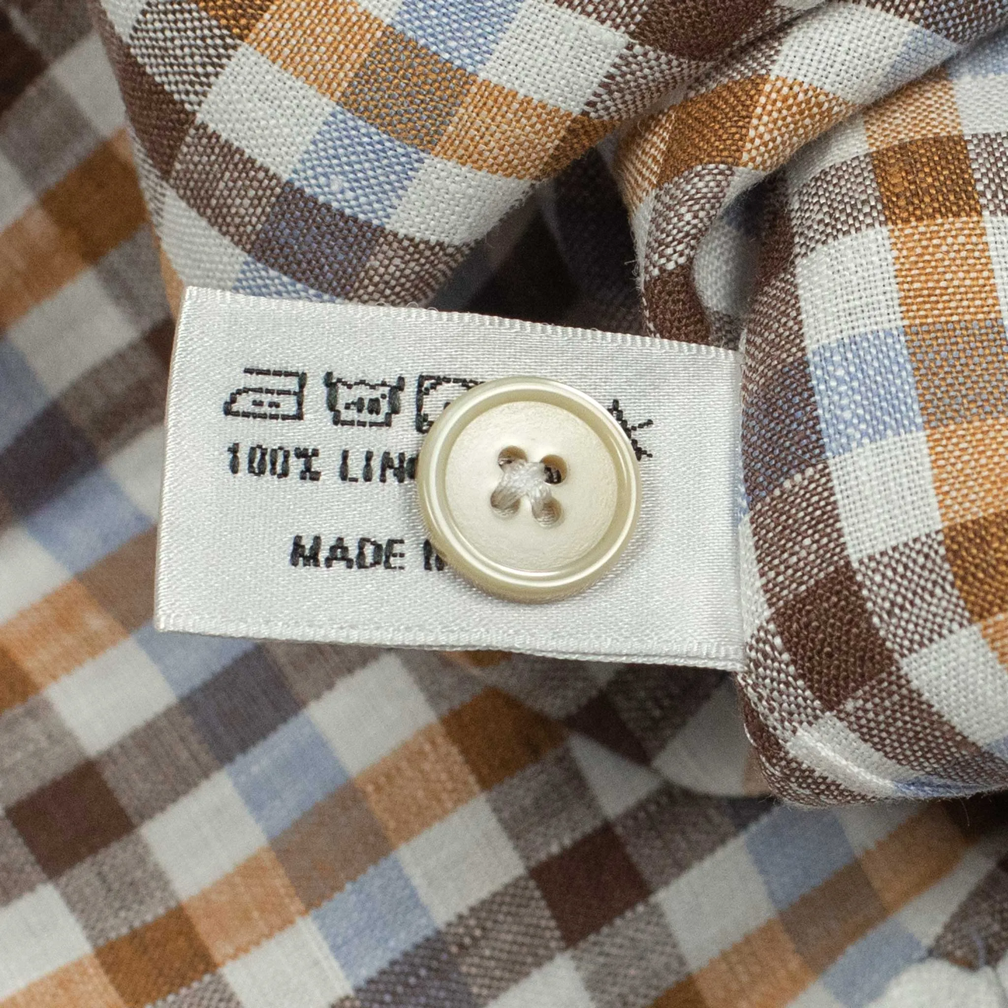 Long sleeve popover shirt in browns and blues checked linen, one-piece Miami collar