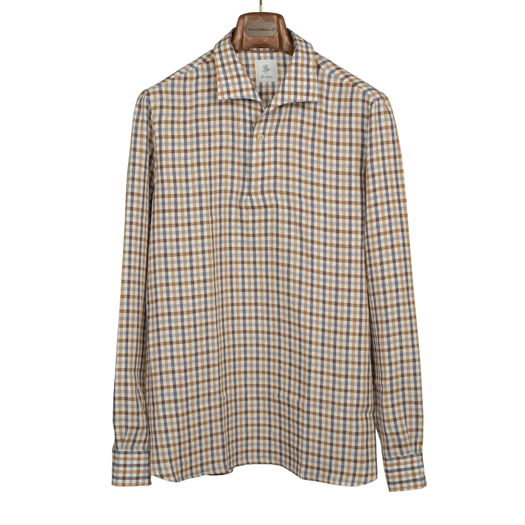 Long sleeve popover shirt in browns and blues checked linen, one-piece Miami collar