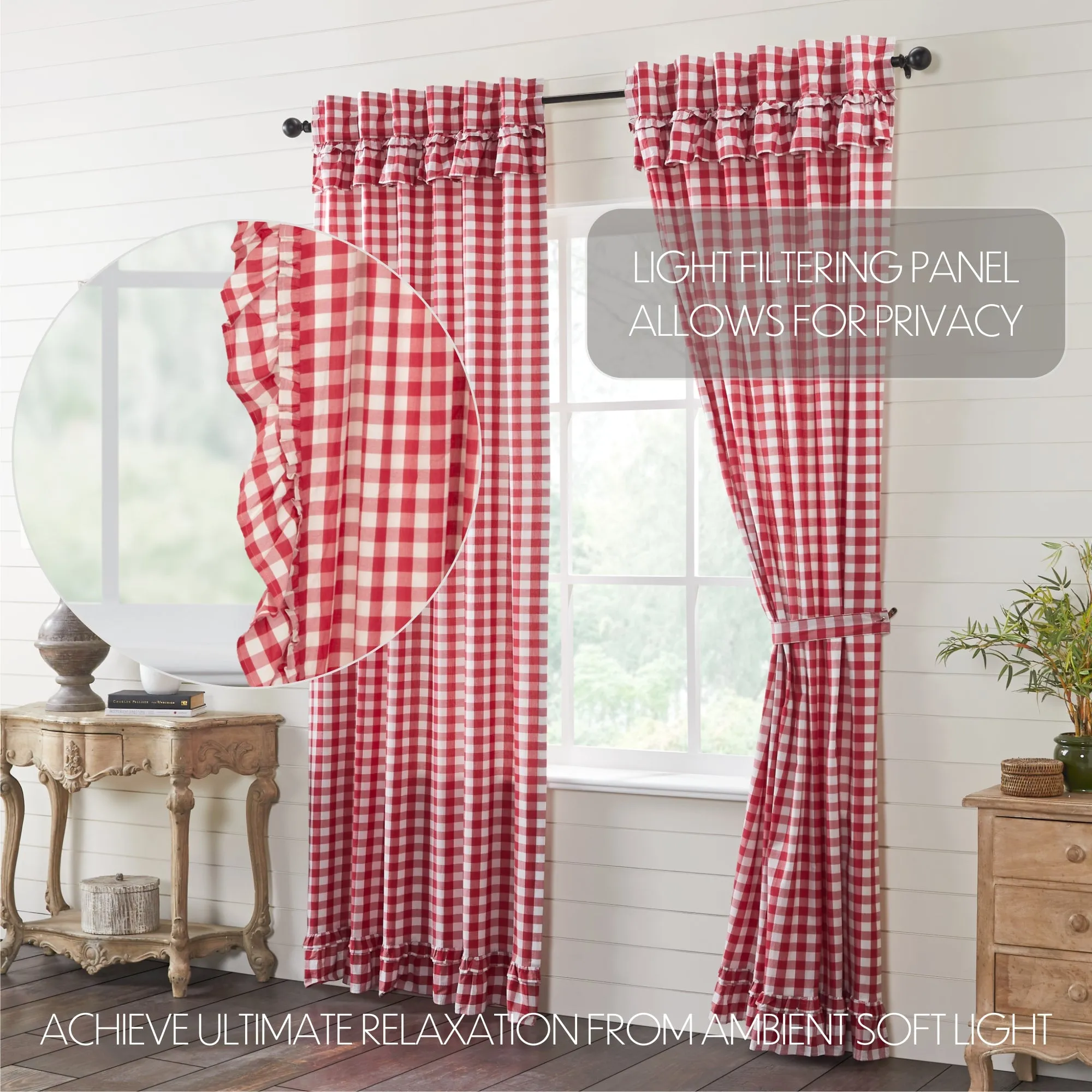Panels Annie Buffalo Check Ruffled Farmhouse Window Curtain Set VHC Brands
