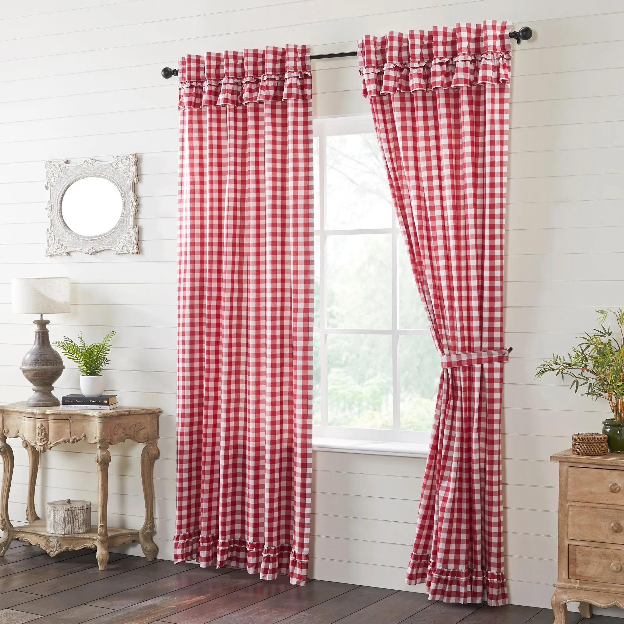 Panels Annie Buffalo Check Ruffled Farmhouse Window Curtain Set VHC Brands