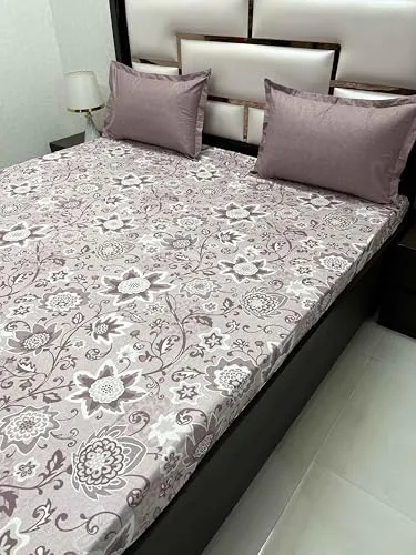 Pure Decor 100% Pure Cotton Lifestyle Collection King Size Bedsheet for Double Bed (108"X108") with 2 Coordinate Pillow Covers PD 4281 - Floral, Purple