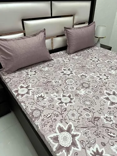 Pure Decor 100% Pure Cotton Lifestyle Collection King Size Bedsheet for Double Bed (108"X108") with 2 Coordinate Pillow Covers PD 4281 - Floral, Purple