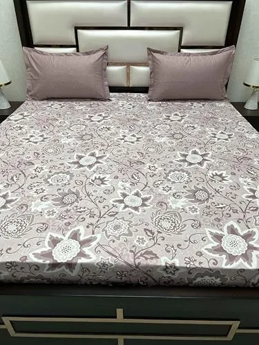 Pure Decor 100% Pure Cotton Lifestyle Collection King Size Bedsheet for Double Bed (108"X108") with 2 Coordinate Pillow Covers PD 4281 - Floral, Purple