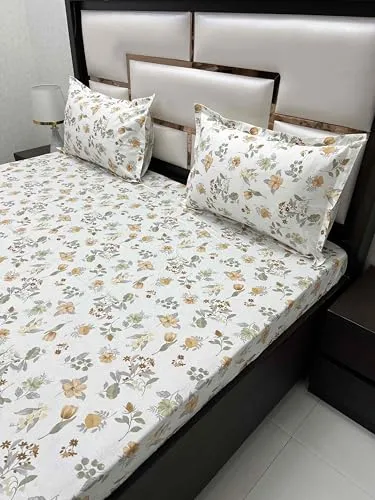 Pure Decor 100% Pure Cotton Royal Velar Collection King Size Twill Fabric Bedsheet for Double Bed (108"X108") with 2 Pillow Covers PD 4250 - Floral, White