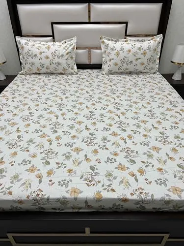 Pure Decor 100% Pure Cotton Royal Velar Collection King Size Twill Fabric Bedsheet for Double Bed (108"X108") with 2 Pillow Covers PD 4250 - Floral, White