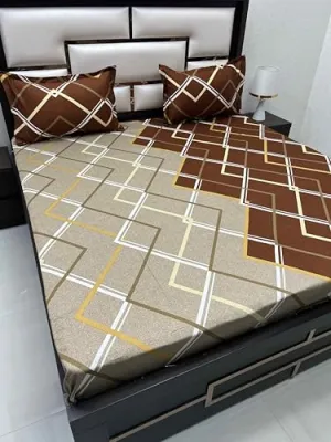 Pure Decor Passion Fur Collection Pure Cotton Bedsheets for Double Bed Cotton with Pillow Cover Set of 2 for Home Queen Size Bed PD 4307 - Geometric, Brown