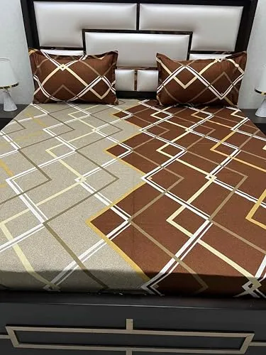 Pure Decor Passion Fur Collection Pure Cotton Bedsheets for Double Bed Cotton with Pillow Cover Set of 2 for Home Queen Size Bed PD 4307 - Geometric, Brown