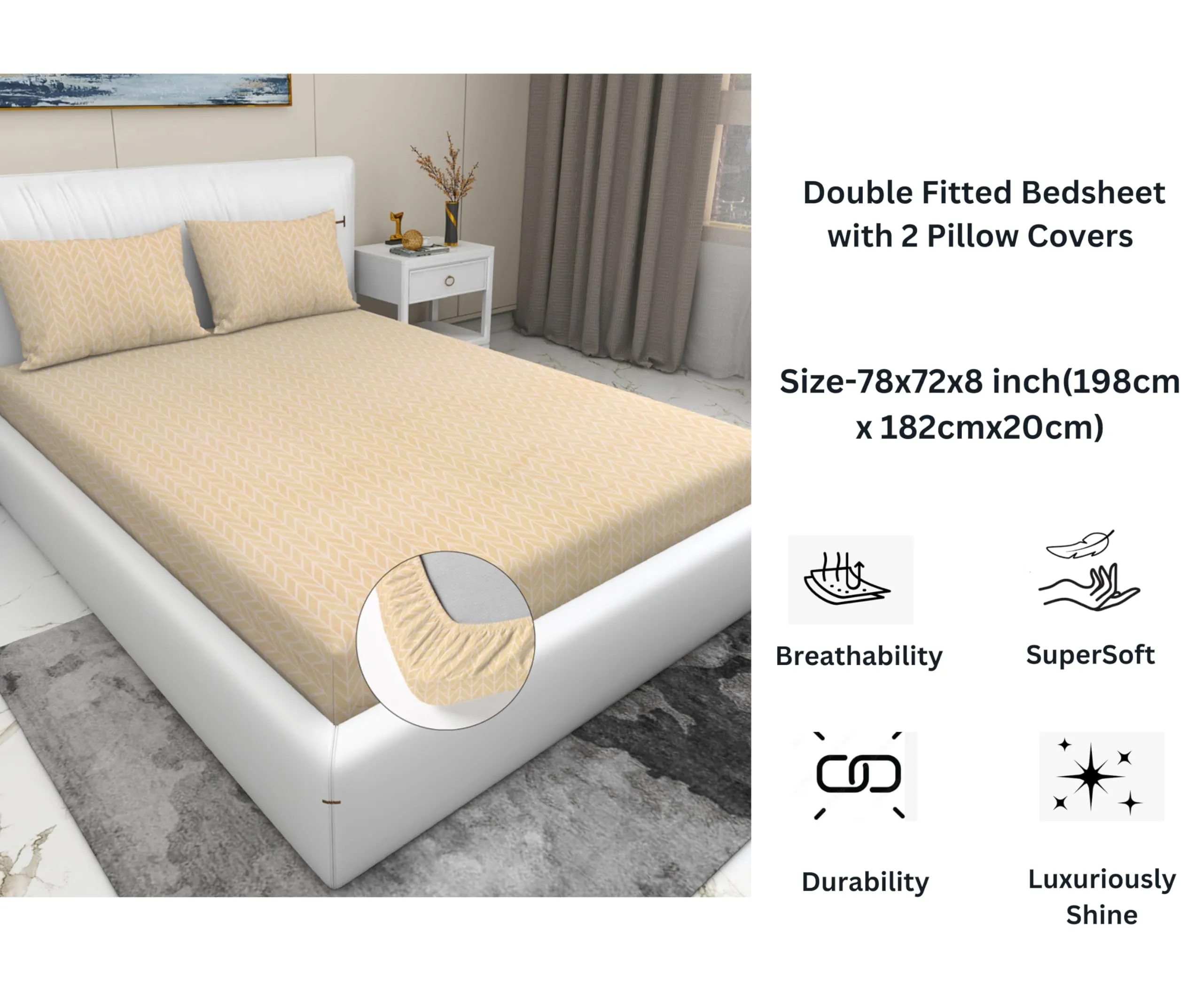 RD TREND Presents Luxurious Glace Cotton Super Soft 210 TC 360° Elastic Fitted Bedsheet King Size (78X72X8 Inch) with 2 Pillow Covers, Color -Beige,Pattern-Solid