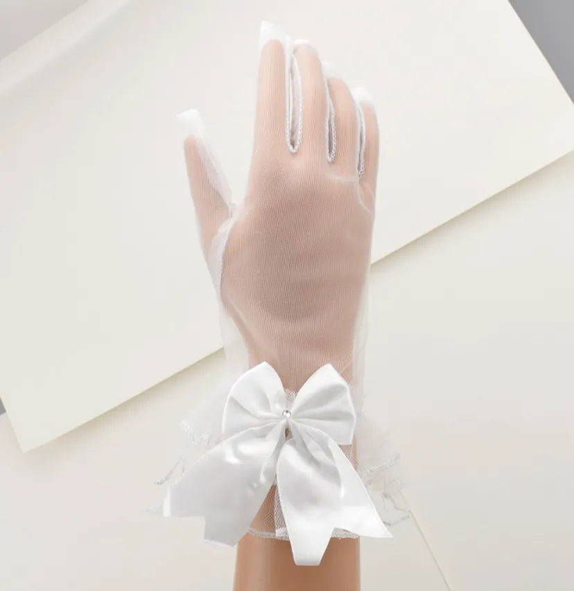 Short Lace Bow Tie Bridal Wedding Gloves