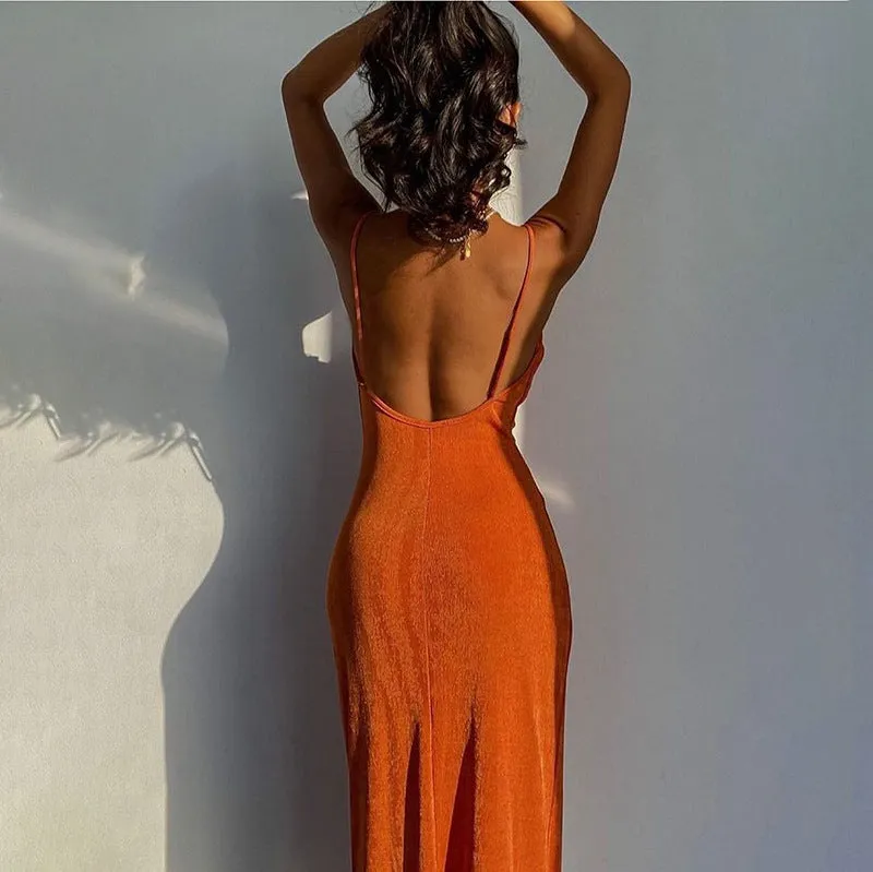 Sling Low Cut High Waist Pleated Maxi Dress