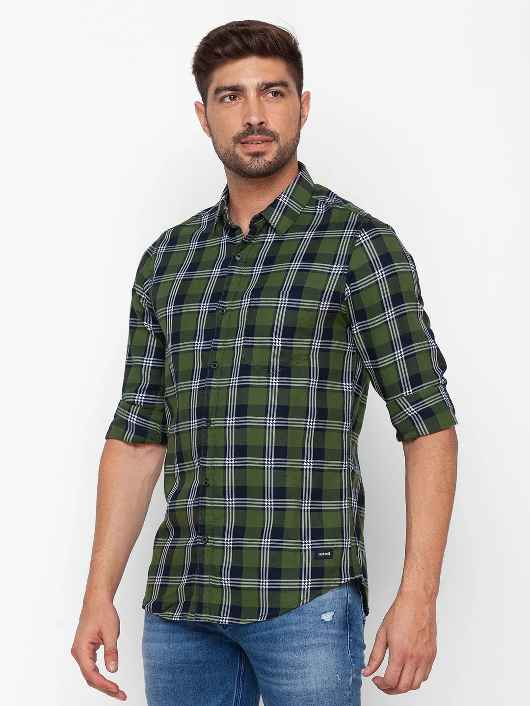 Spykar Olive Green Cotton Full Sleeve Checks Shirt For Men
