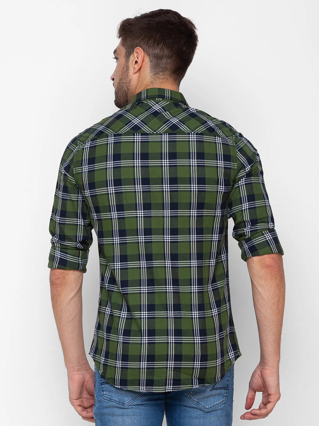 Spykar Olive Green Cotton Full Sleeve Checks Shirt For Men