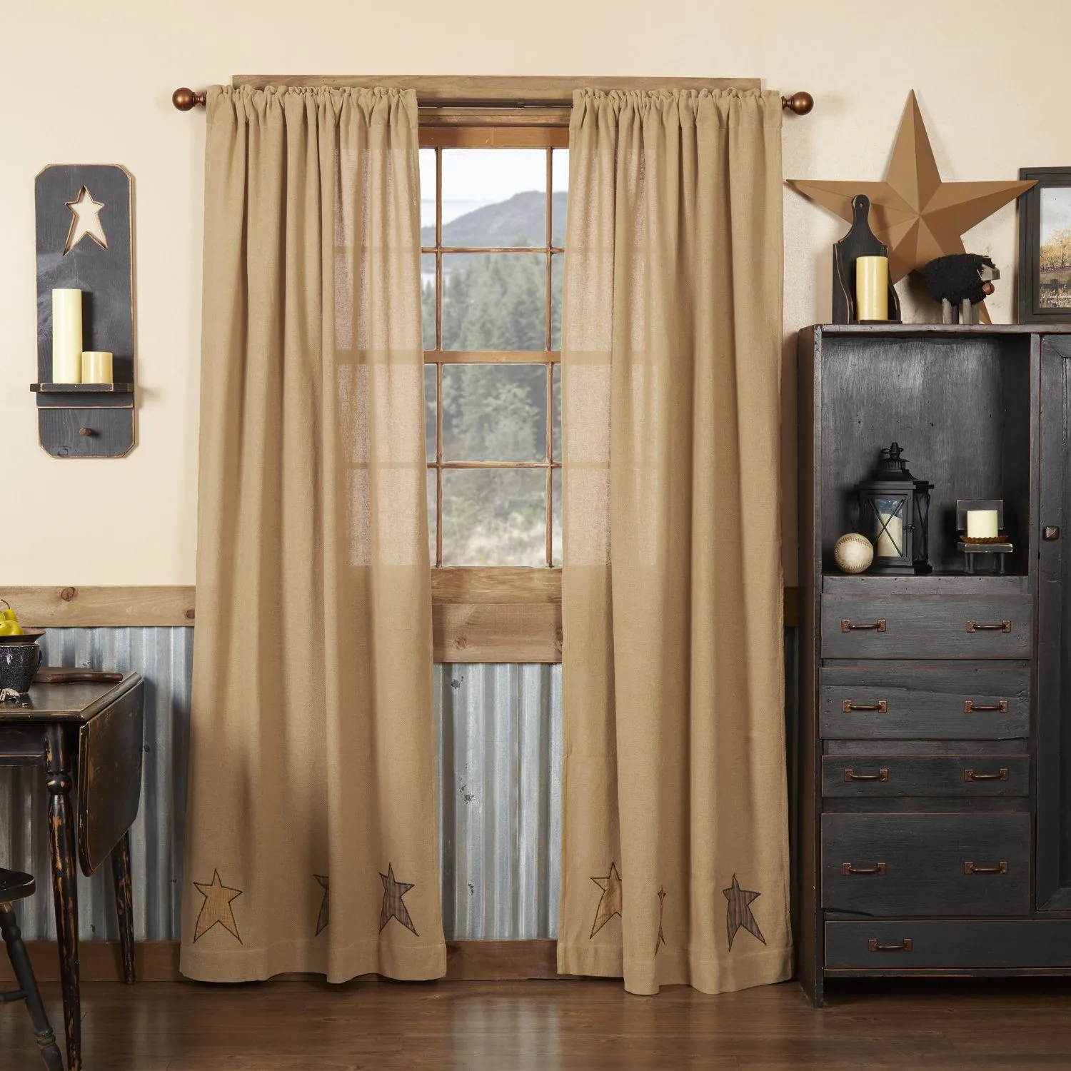 Stratton Burlap Applique Star Panel Curtains 84"