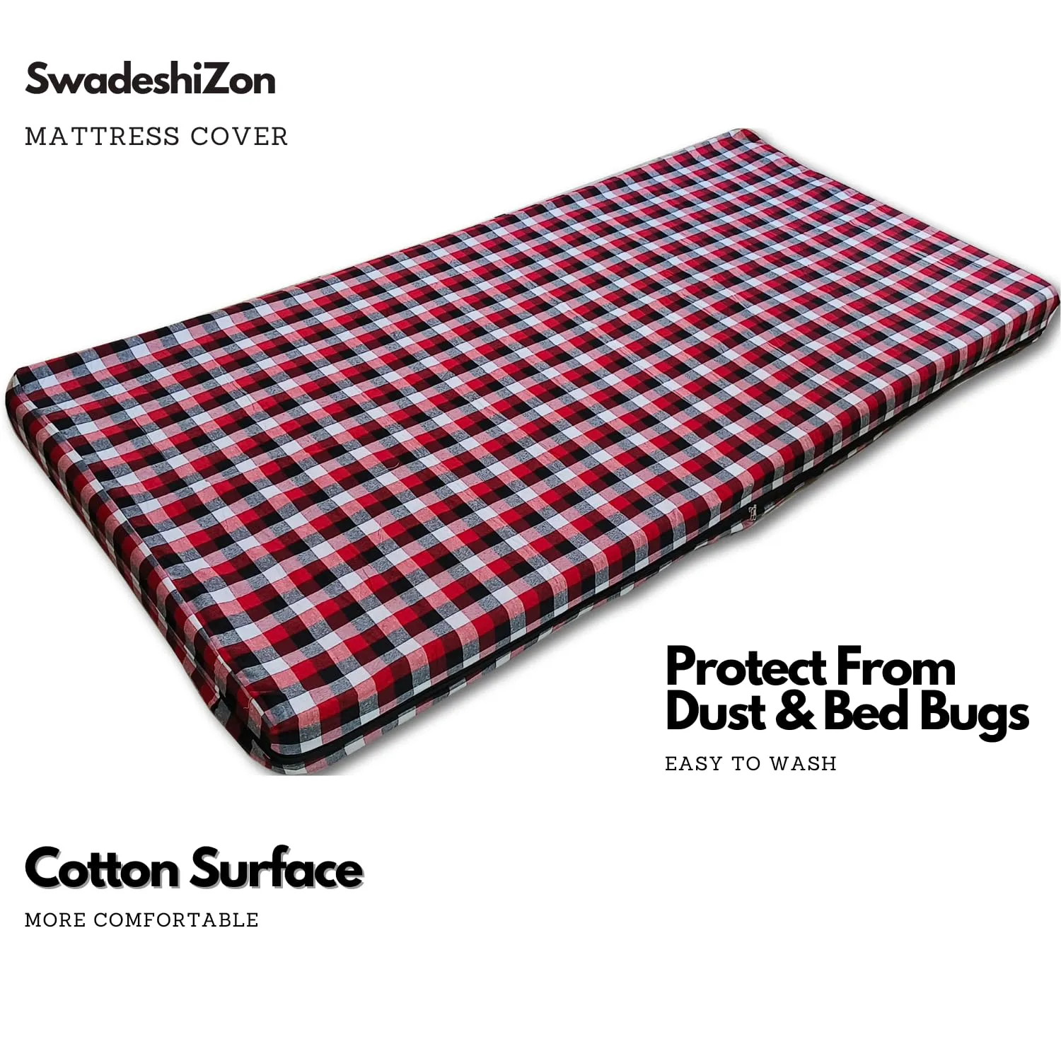 SwadeshiZon Cotton Mattress Cover Protector Single Bed Size with Zipper - Chain | Ultra Soft Breathable- Hypoallergenic | 72x36x4 inches, 3x6 ft, Multicolor, Pack of 2, 250 Gsm