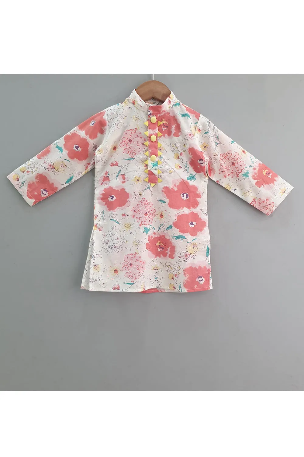 White And Peach Floral Printed Kurta
