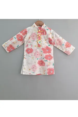 White And Peach Floral Printed Kurta