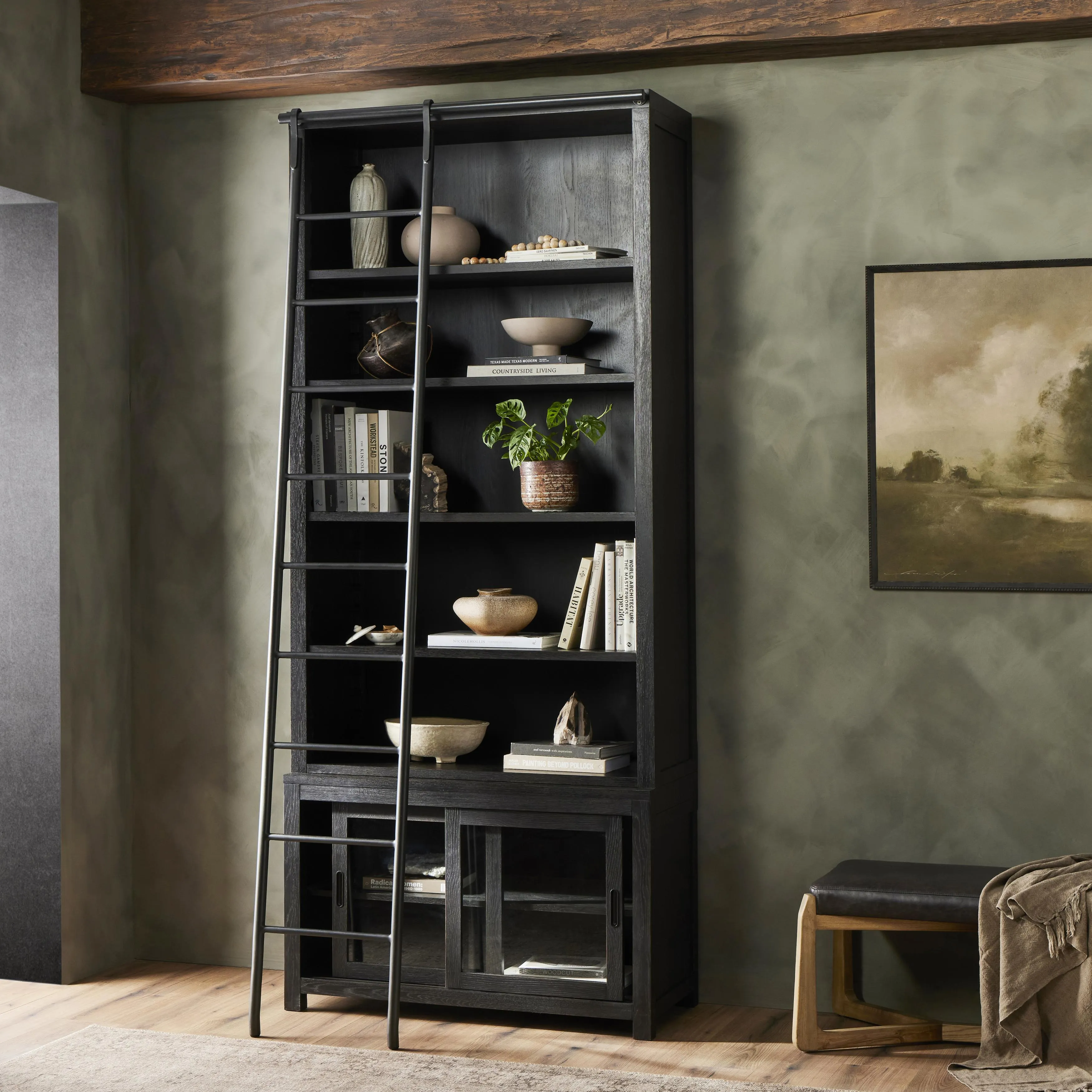 Wilson Black Bookcase With Ladder