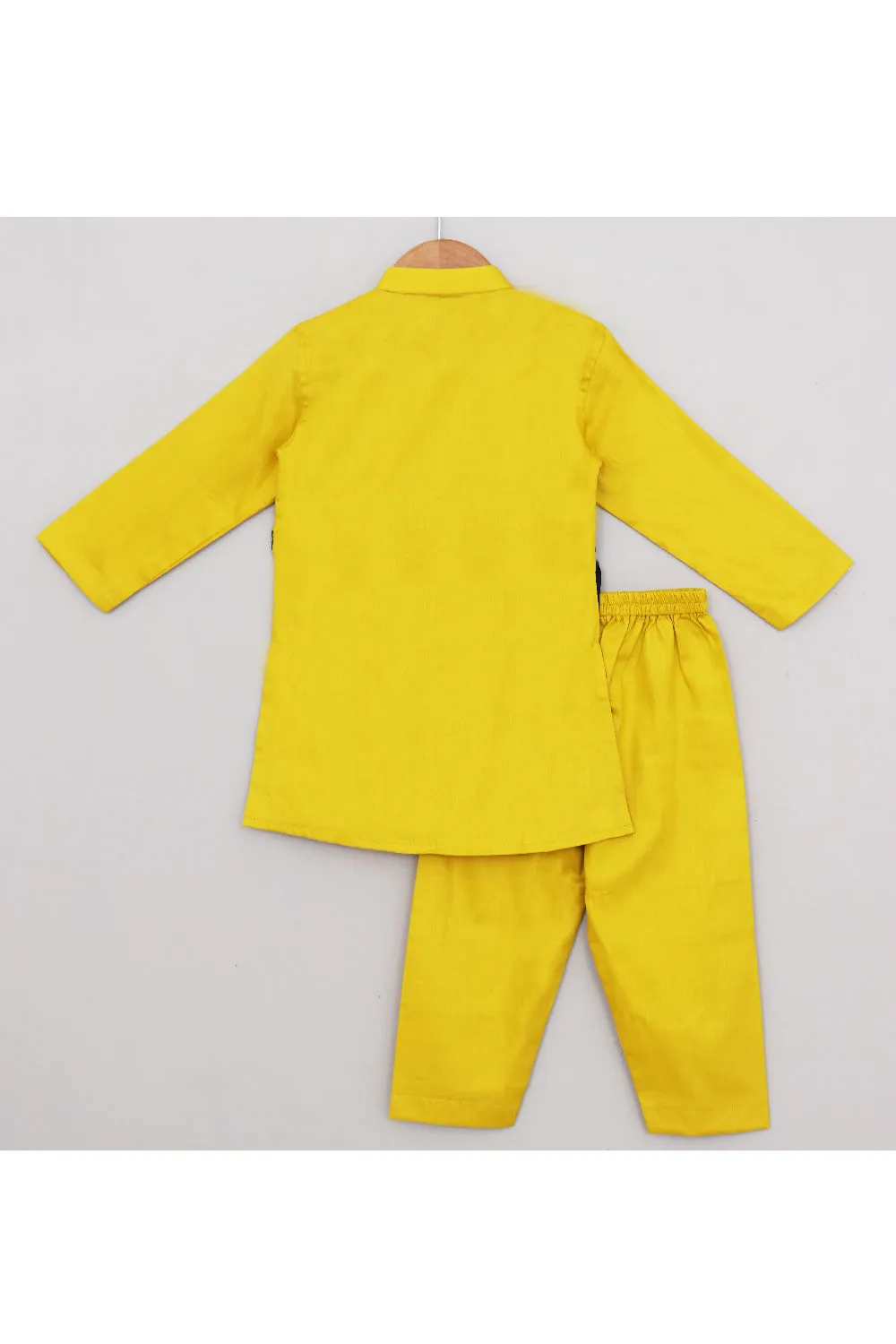 Yellow Cotton Silk Kurta With Blue Floral Printed Attached Jacket Set